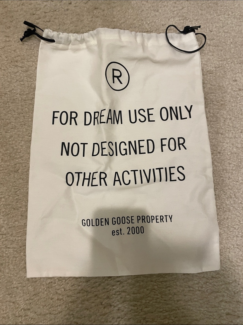 Golden Goose White Drawstring Travel Dust Bag with Black Print